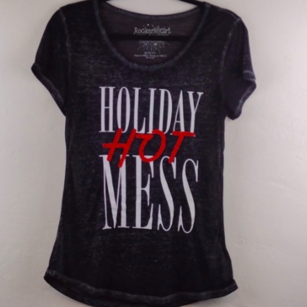 Rocker Girl Black "Holiday 💋 Hot Mess"   Acid-Wash Short Sleeve Tee